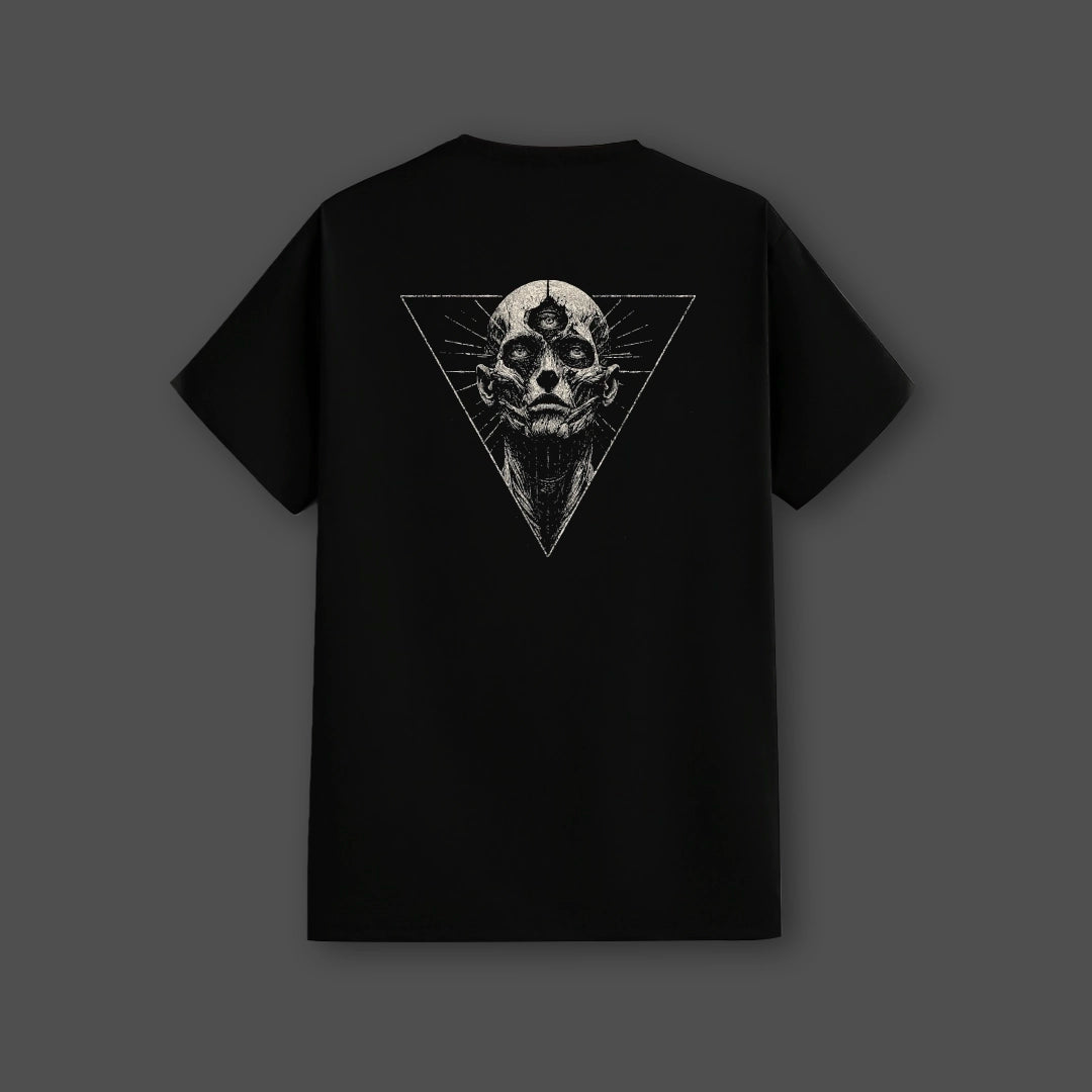 Vlack black streetwear t-shirt featuring a skull graphic on the back in a triangular design