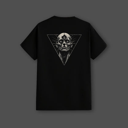 Vlack black streetwear t-shirt featuring a skull graphic on the back in a triangular design