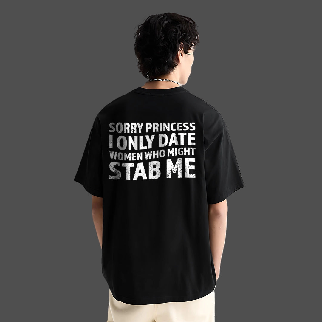 Sorry Princess oversized black t-shirt featuring bold text on the back for a stylish streetwear look