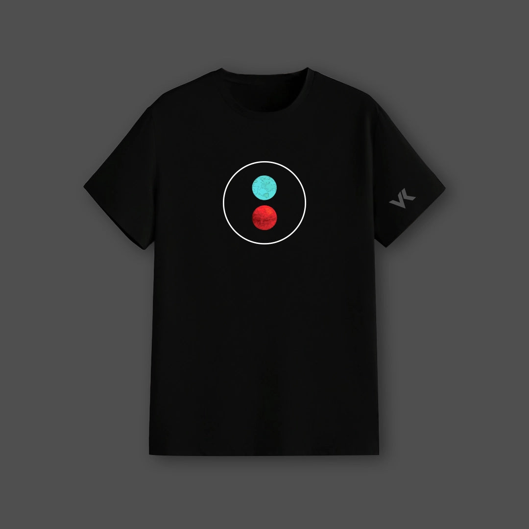 Steven Wilson black t-shirt featuring a circle graphic design in teal and red colors
