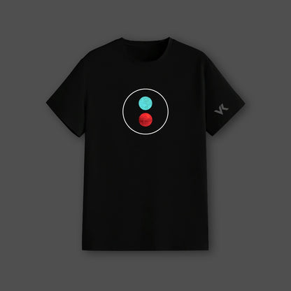 Steven Wilson black t-shirt featuring a circle graphic design in teal and red colors