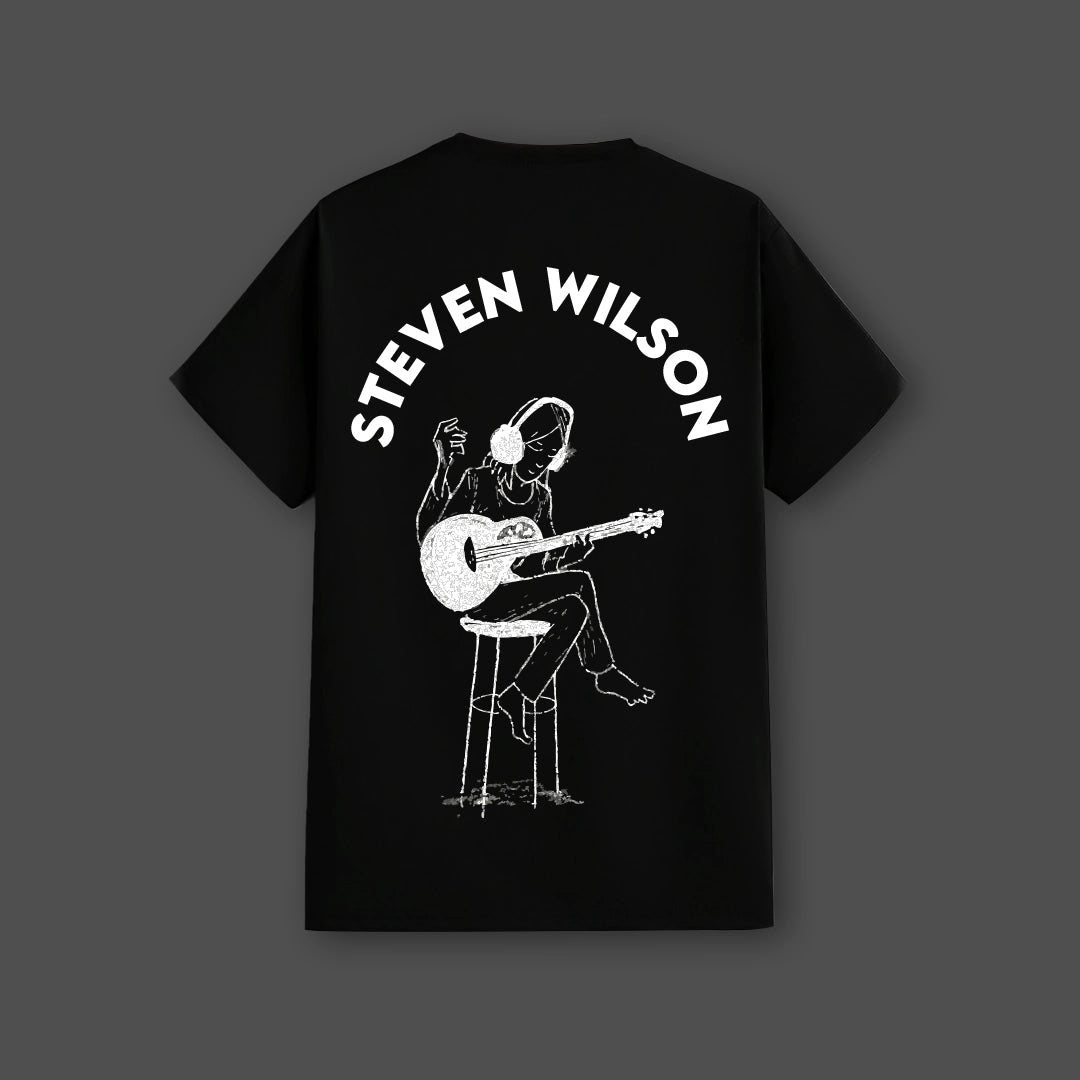 Steven Wilson black t-shirt featuring a guitarist illustration on the back