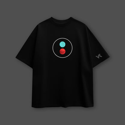 Steven Wilson oversized black t-shirt featuring a unique circular graphic design in vibrant colors
