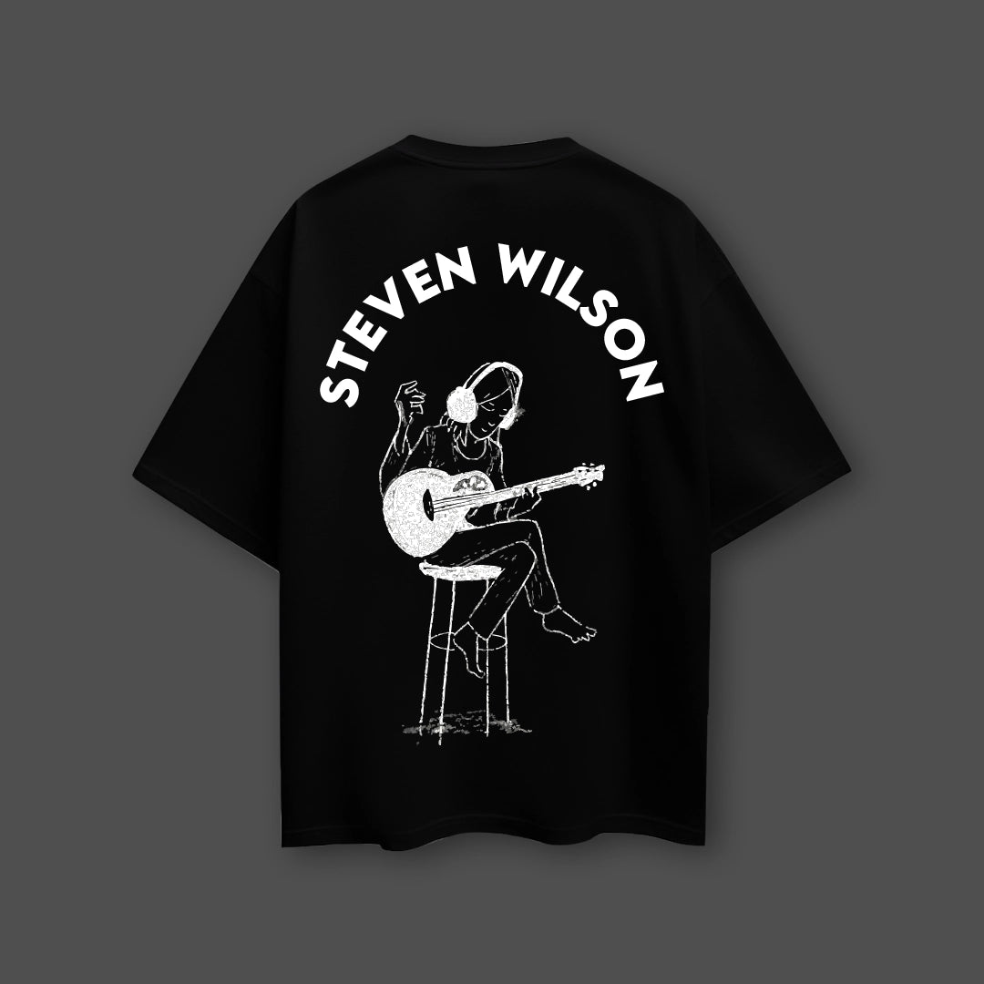 Steven Wilson oversized black t-shirt featuring a guitar illustration and bold text design