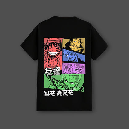 Straw Hat Crew black t-shirt featuring colorful character prints on the back for anime fans