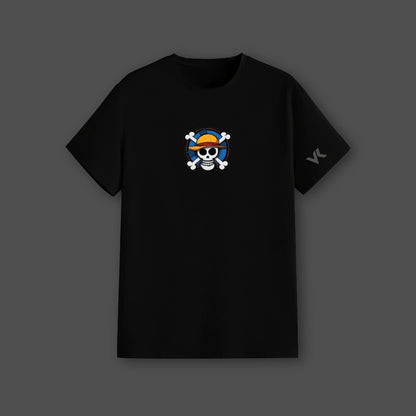 Straw Hat Crew black t-shirt featuring a vibrant graphic design on a regular fit clothing style