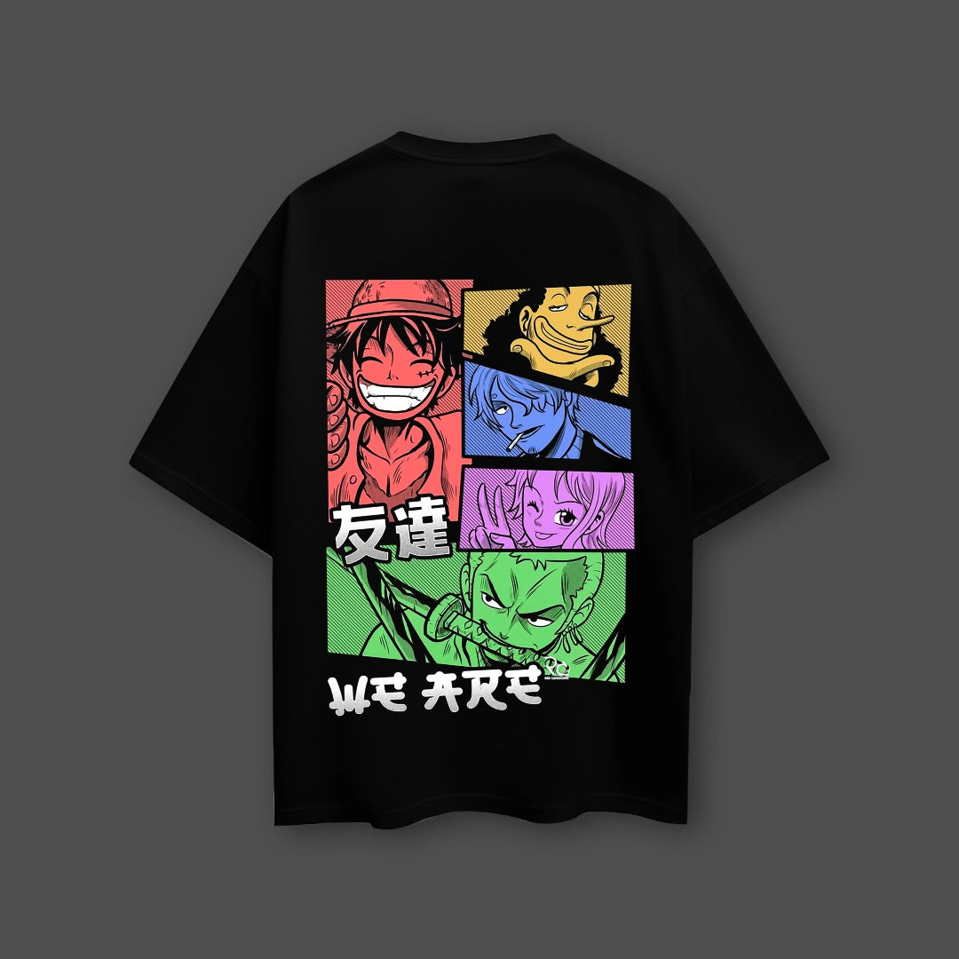 Straw Hat Crew oversized black t-shirt featuring colorful character designs on the back