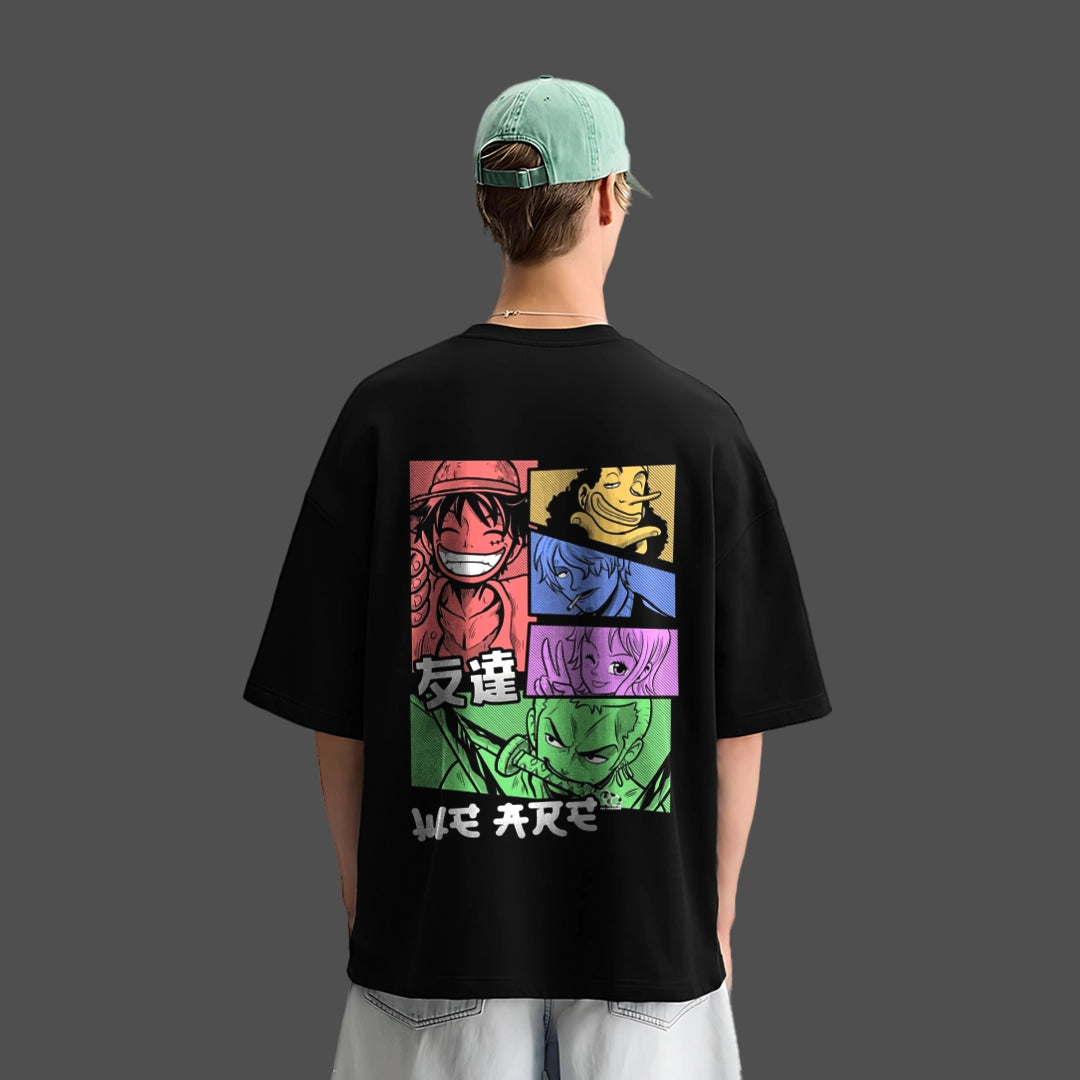 Straw Hat Crew oversized black t-shirt featuring vibrant anime character designs on the back