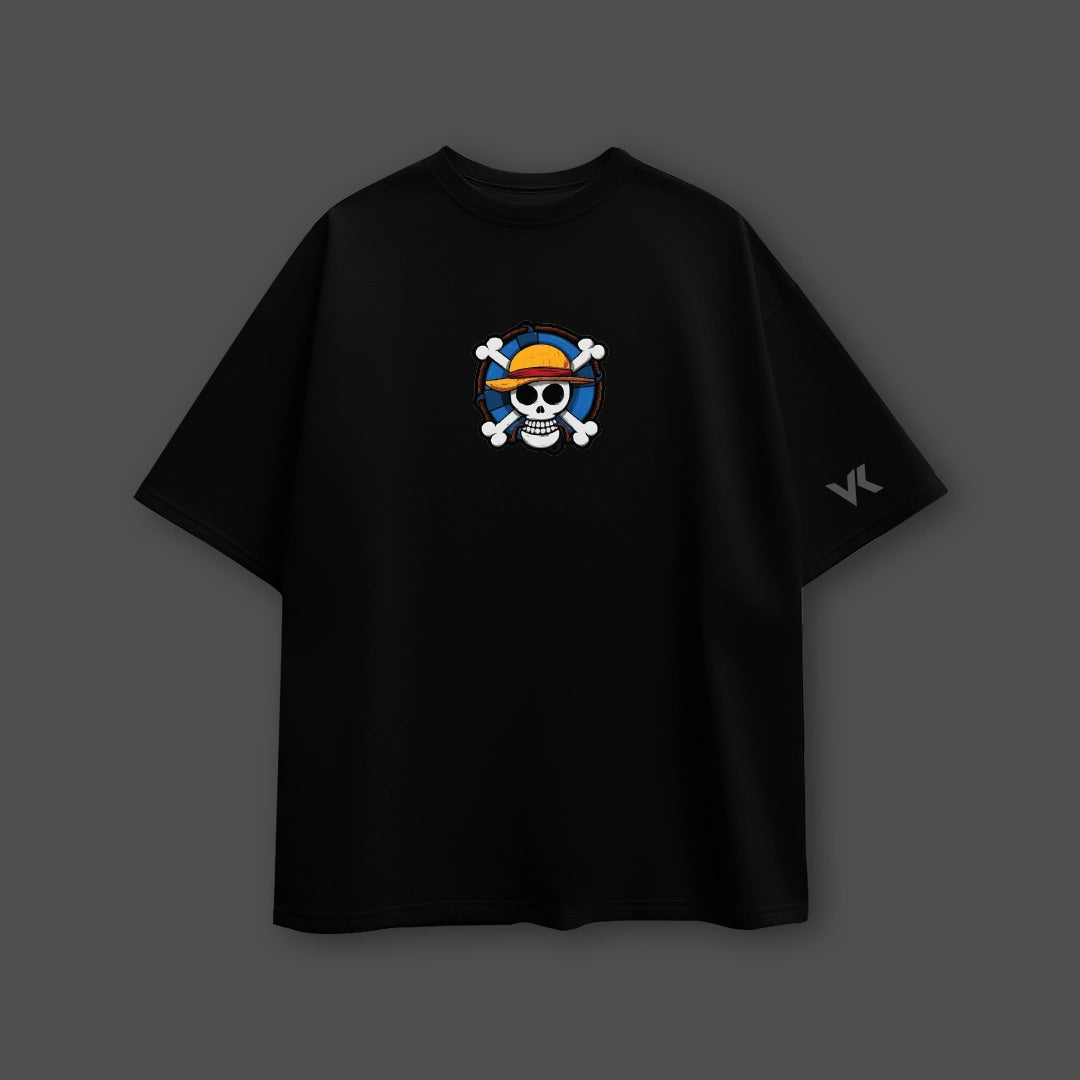 Straw Hat Crew oversized black t-shirt featuring a vibrant pirate logo on the front