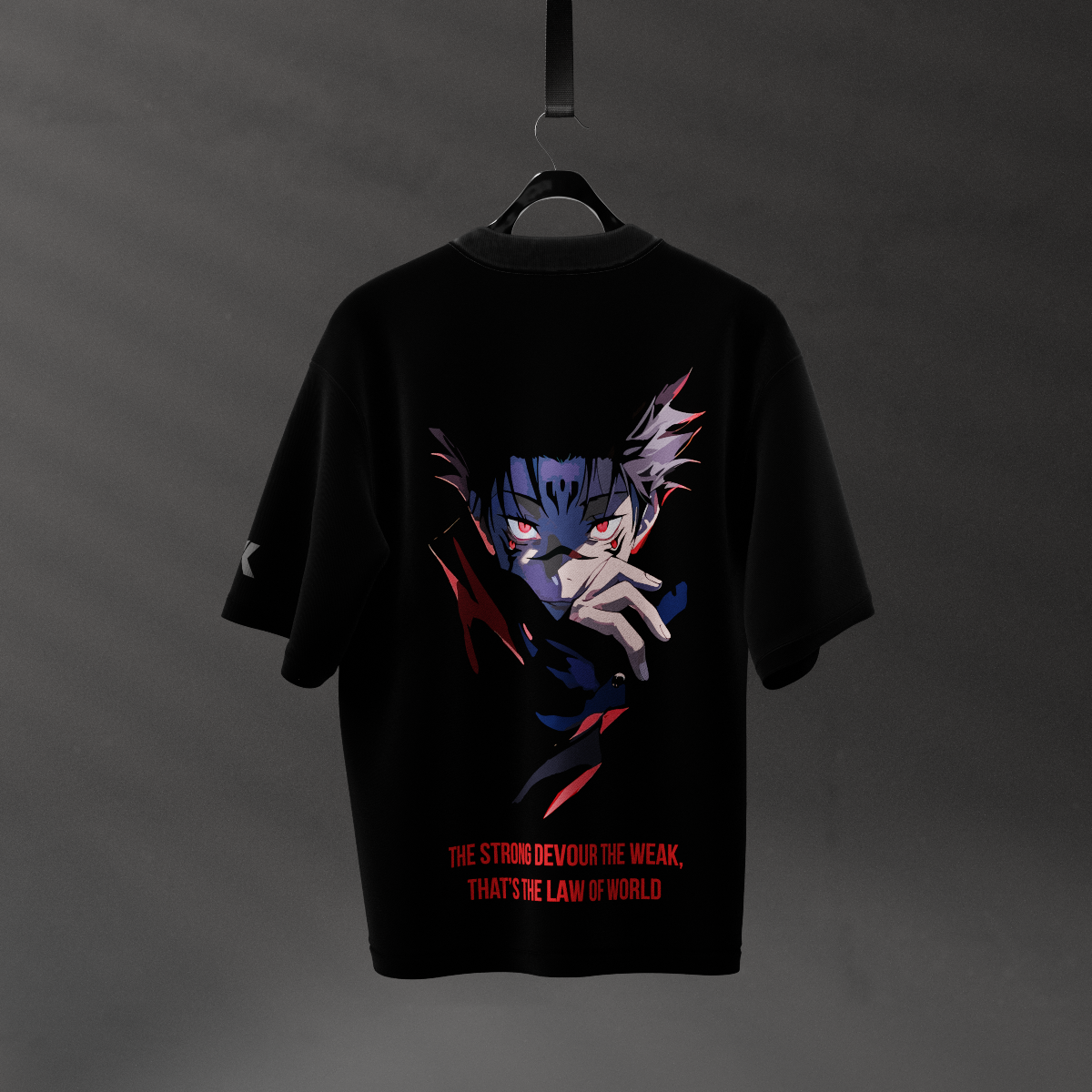 Sukuna oversized black t-shirt featuring bold graphic print and text on the back