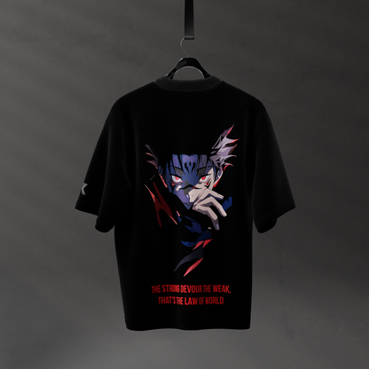 Sukuna oversized black t-shirt featuring bold graphic print and text on the back