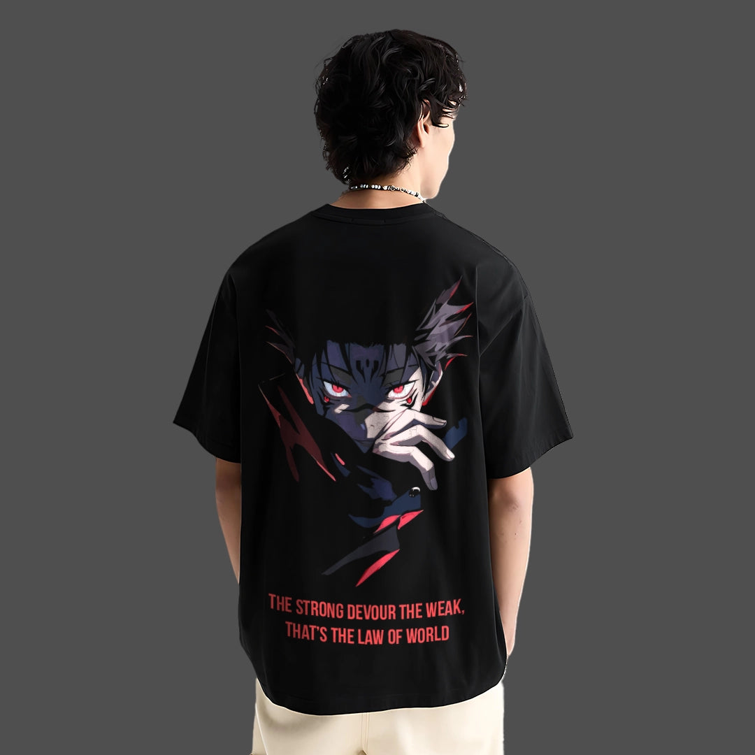 Sukuna oversized black t-shirt featuring a striking graphic design on the back