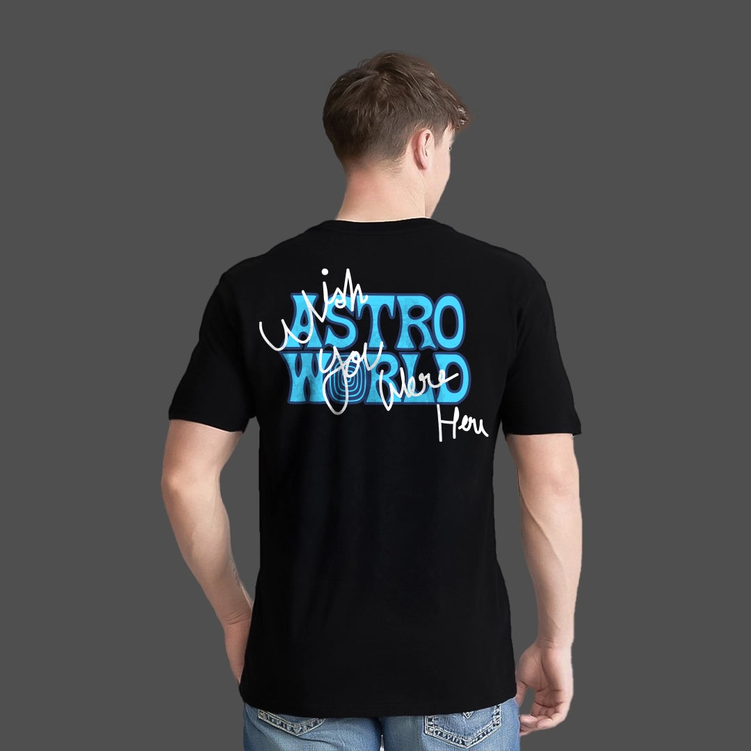 Travis Scott Astro World black t-shirt featuring vibrant blue graphic on the back