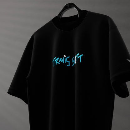 Travis Scott Astro World oversized black t-shirt featuring bold logo design in blue