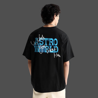 Travis Scott Astro World oversized black t-shirt featuring a bold graphic design on the back