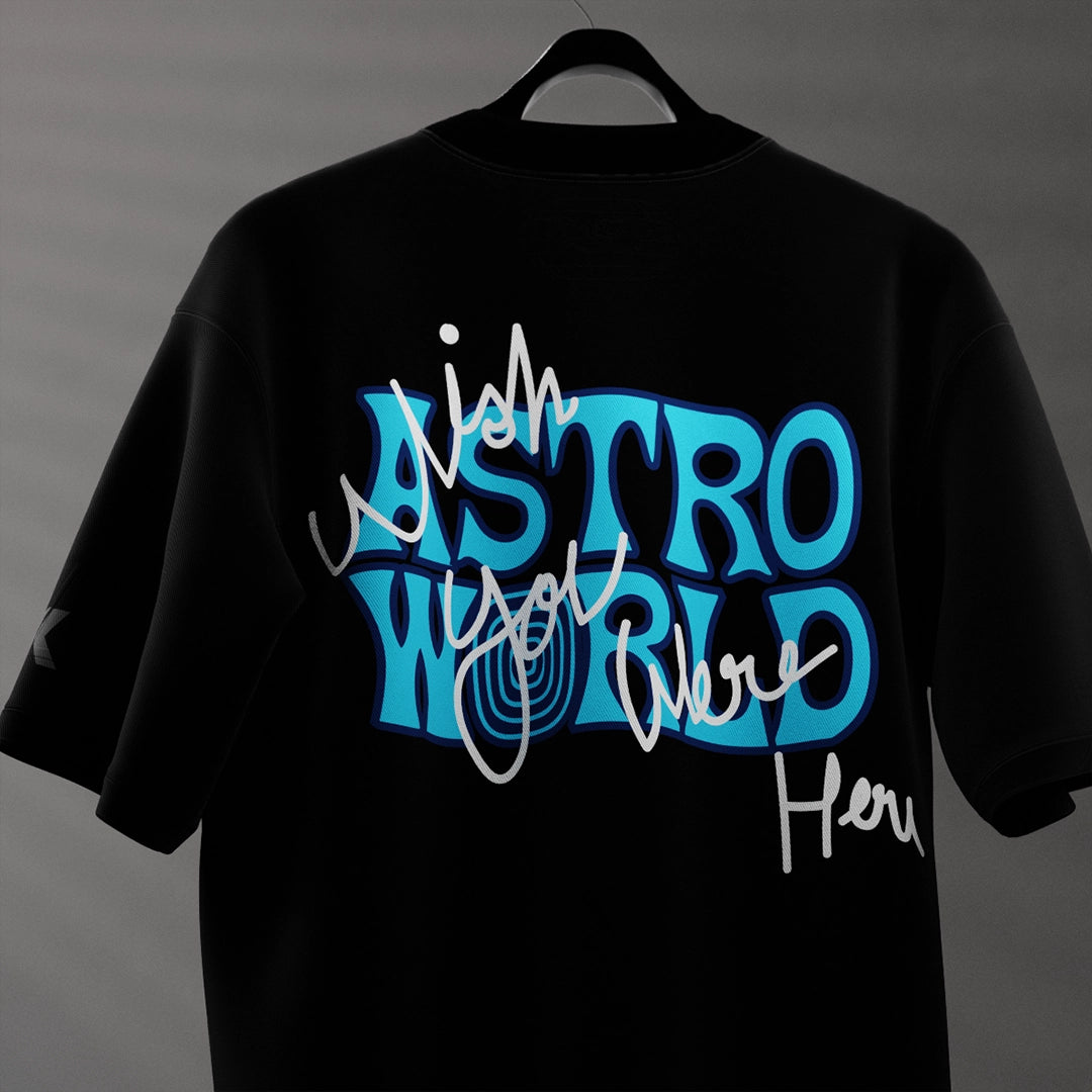 Travis Scott Astro World oversized black t-shirt featuring blue graphic design on the back