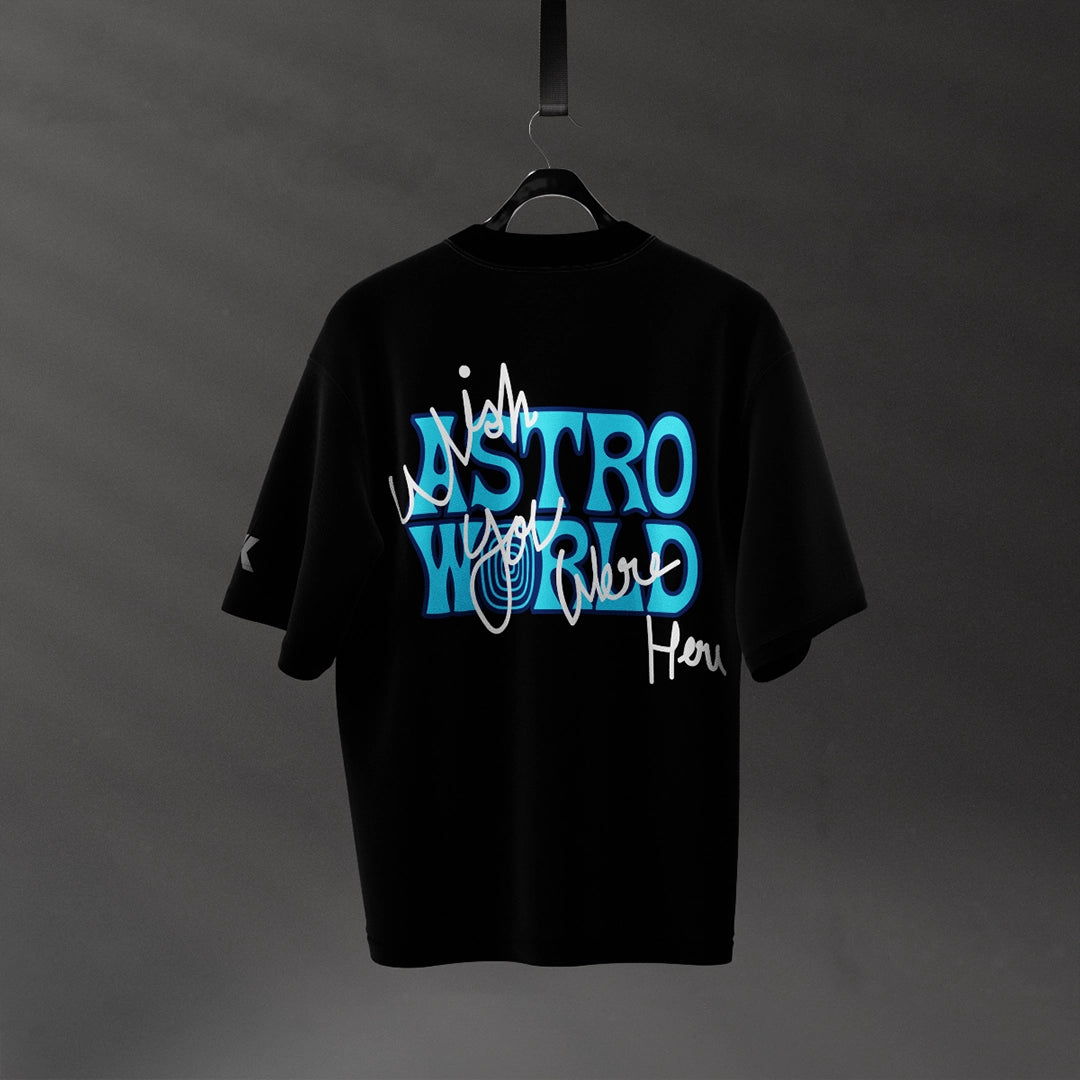 Travis Scott Astro World oversized black t-shirt featuring bold graphic design on back