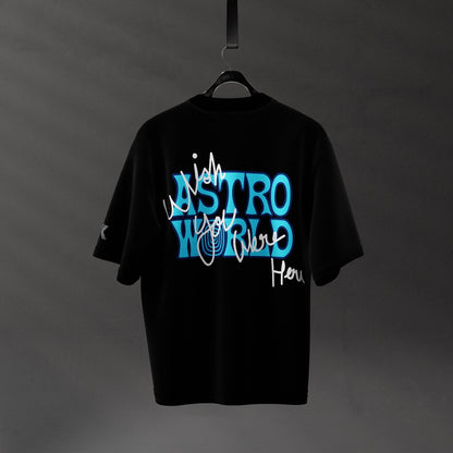 Travis Scott Astro World oversized black t-shirt featuring bold graphic design on back