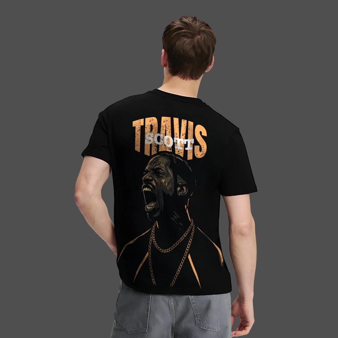 Back view of Travis Scott Scream black t-shirt featuring a graphic of Travis Scott and bold lettering