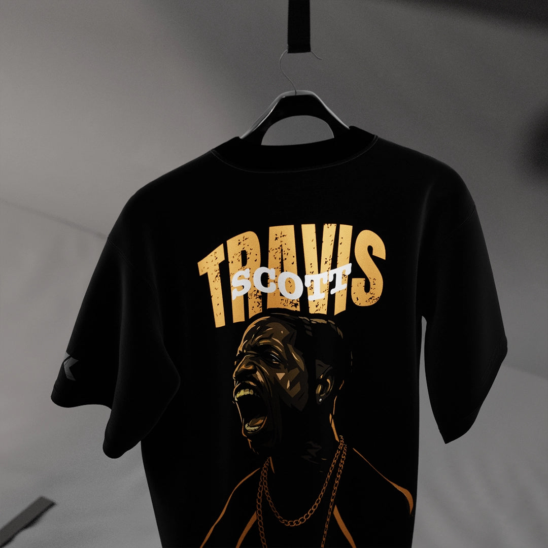 Travis Scott scream oversized black t-shirt featuring bold graphic design and vibrant colors