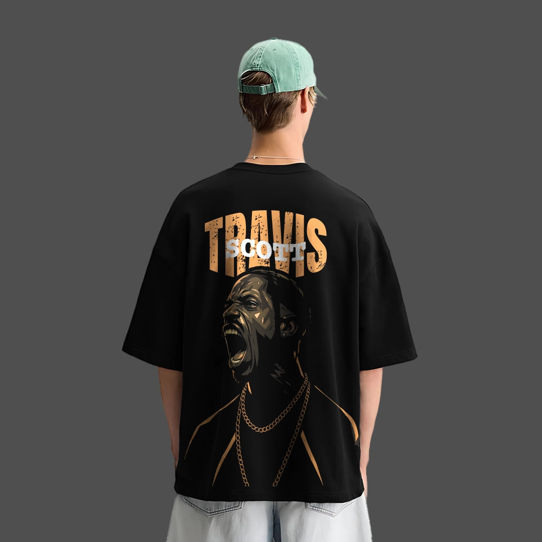 Travis Scott scream oversized black t-shirt featuring a bold graphic of Travis on the back