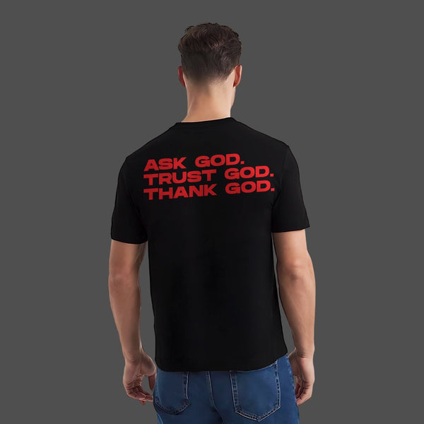 Trust God Front Puff Print Regular Fit Black T-Shirt