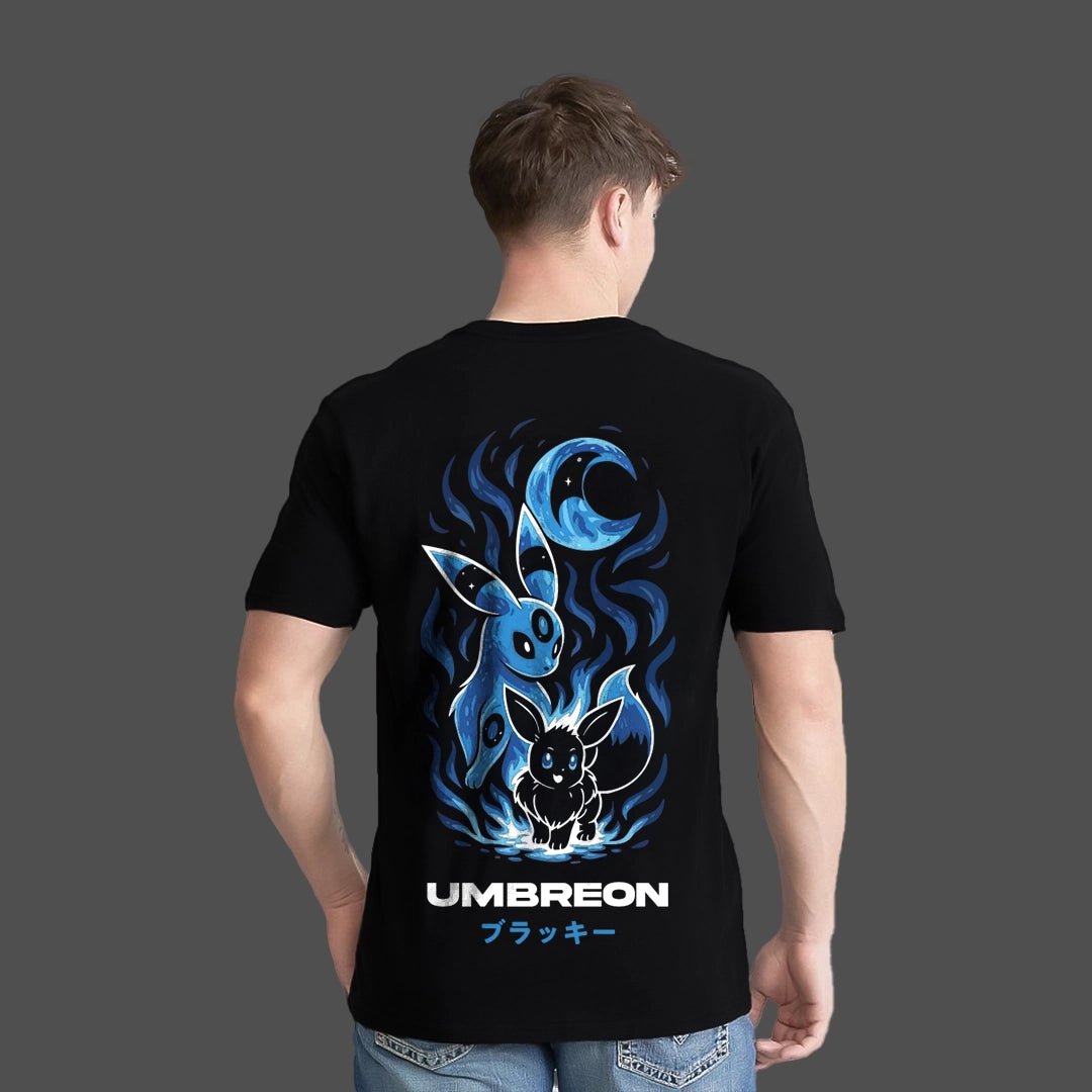 Regular fit Umbreon black t-shirt featuring vibrant graphics of Umbreon and Eevee on the back