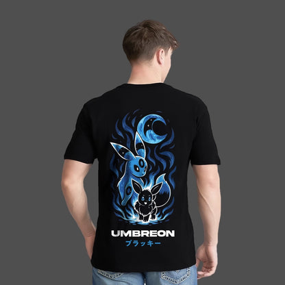 Regular fit Umbreon black t-shirt featuring vibrant graphics of Umbreon and Eevee on the back
