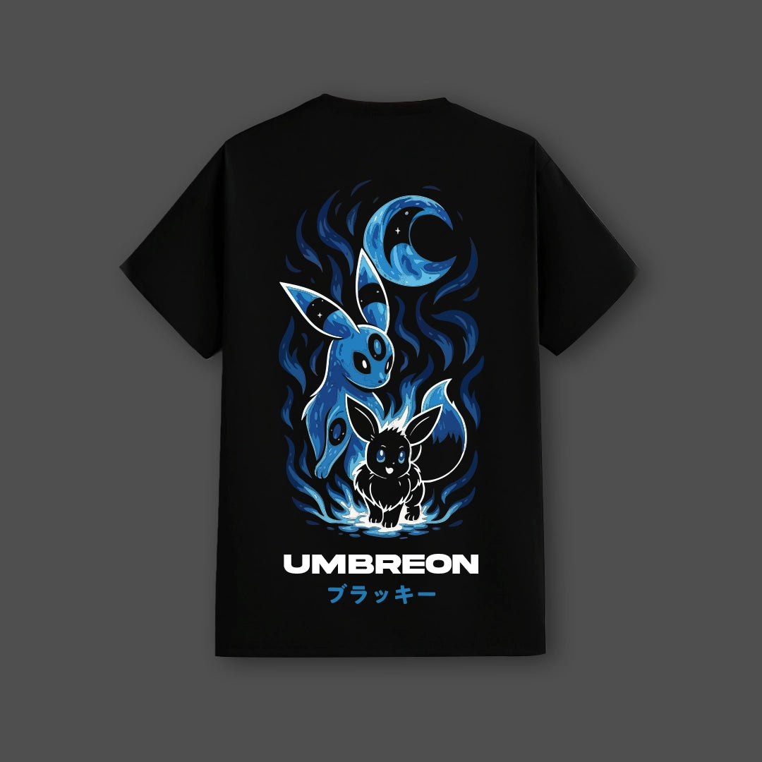 Umbreon black t-shirt featuring vibrant designs of Umbreon and Espeon with a moon motif