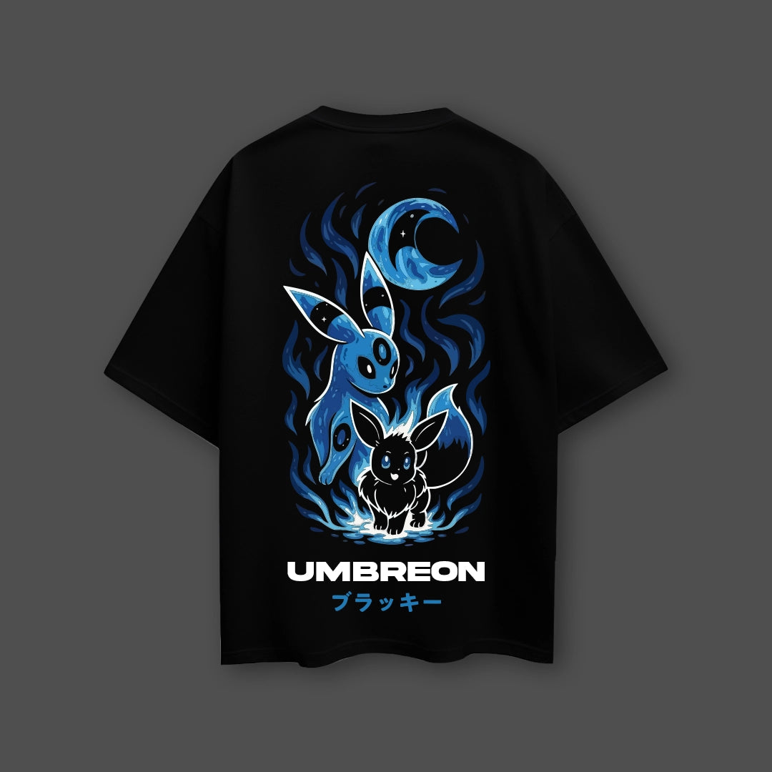 Umbreon oversized black t-shirt featuring vibrant artwork of Umbreon and Espeon