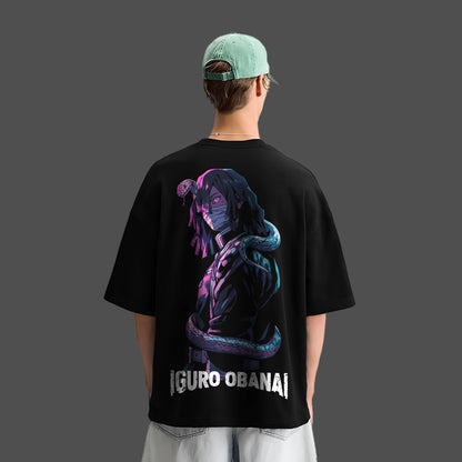 Back view of a model wearing Vlack Iguro Obanai black oversized t-shirt with vibrant snake and anime portrait print