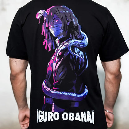 Back view of model wearing Iguro Obanai black oversized t-shirt with large colorful anime character and snake design