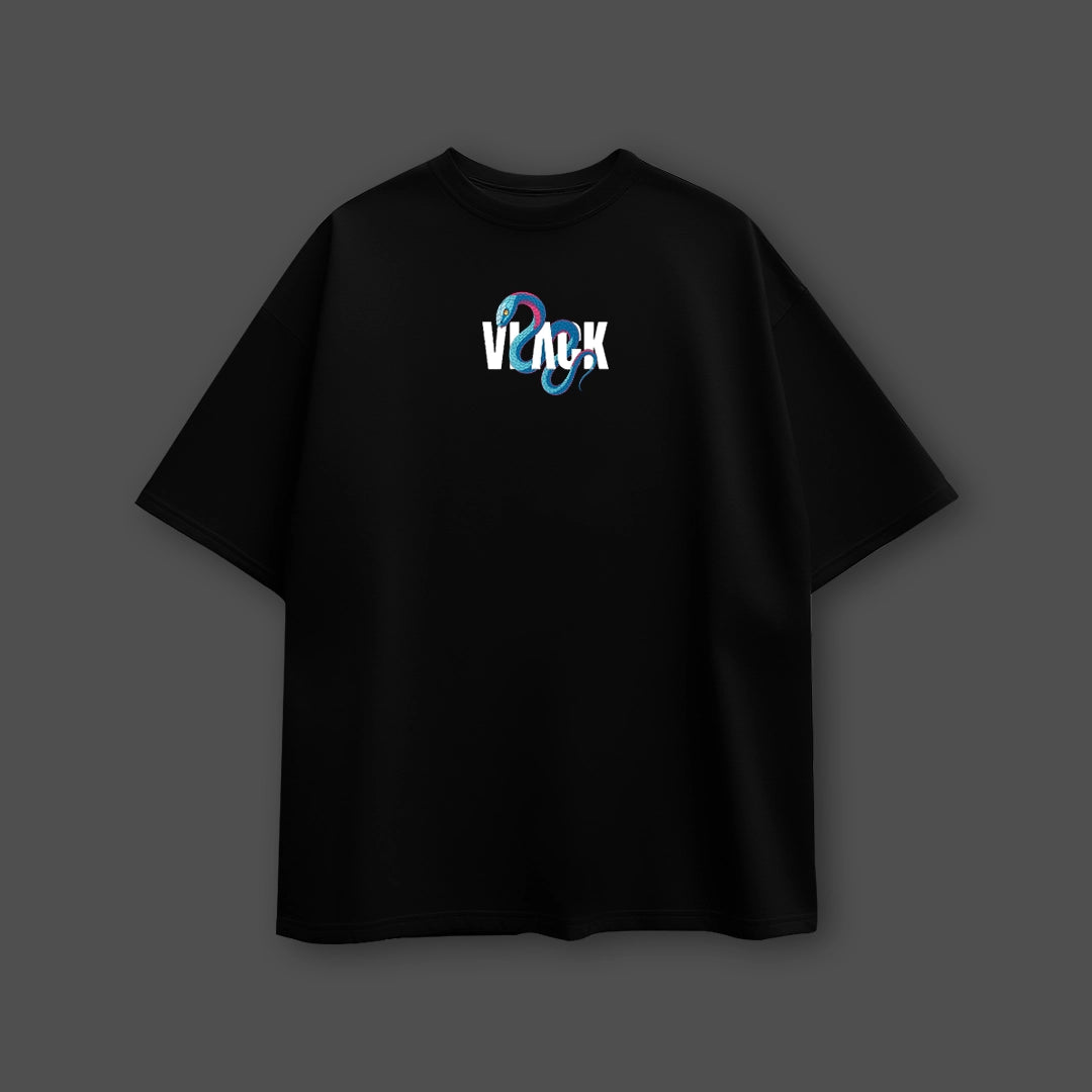 Vlack Iguro Obanai black oversized t-shirt with small centered Vlack logo and blue coiled snake graphic on chest