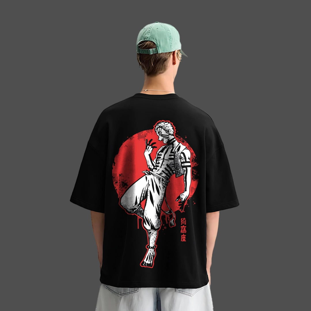 Akaza Demon Slayer black oversized t-shirt back view on model with red sun graphic and anime character print