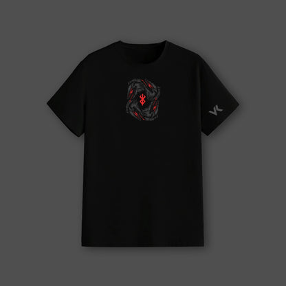 Vlack regular fit black tee with central dark red rune graphic and sleeve VK logo Berserk black streetwear t-shirt