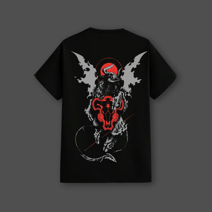 Vlack regular fit black streetwear t-shirt with bold red and white ram skull and wing graphic on the back