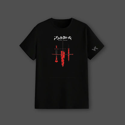 Vlack regular fit black streetwear t-shirt with red inverted sword graphic and white chest logo