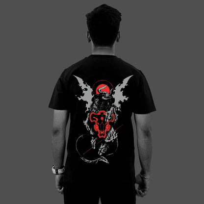 Back view of model wearing Vlack regular fit black streetwear t-shirt with bold red and white winged skull graphic