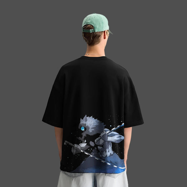 Inosuke Dual Swords Demon Slayer Black Oversized Fit T-shirt