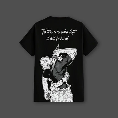 Vlack regular fit Toji Jujutsu Kaisen black t-shirt with monochrome back print of Toji and scripted quote