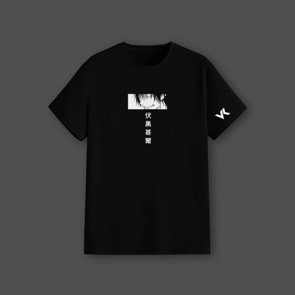 Vlack regular fit black tee with Toji manga panel vertical kanji and sleeve VK logo Toji Jujutsu Kaisen black t-shirt
