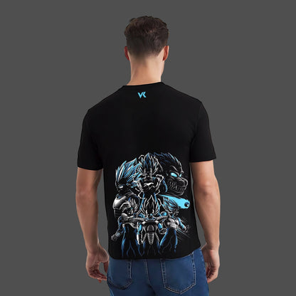 Back view of man wearing Vlack regular fit shirt with blue anime graphic on back Vegeta Saiyan black t-shirt