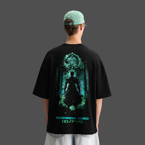 Roronoa Zoro - Green Flame Discipline - Black Oversize Fit T-Shirt