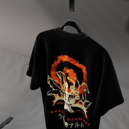 Black oversized Vlack Naruto Uzumaki Kurama Mode t-shirt with vibrant Kurama nine tailed fox back graphic