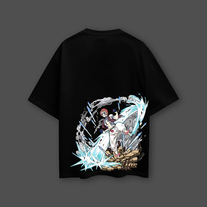 Vlack oversize Akaza Demon Slayer black t-shirt showing back print of Akaza in blue wave attack