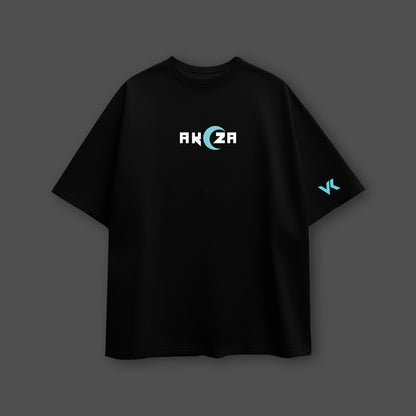 Oversize Akaza Demon Slayer black t-shirt with blue crescent logo on chest and VK sleeve print