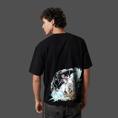 Akaza Demon Slayer black t-shirt oversized Vlack black tee with large back anime graphic worn by male model
