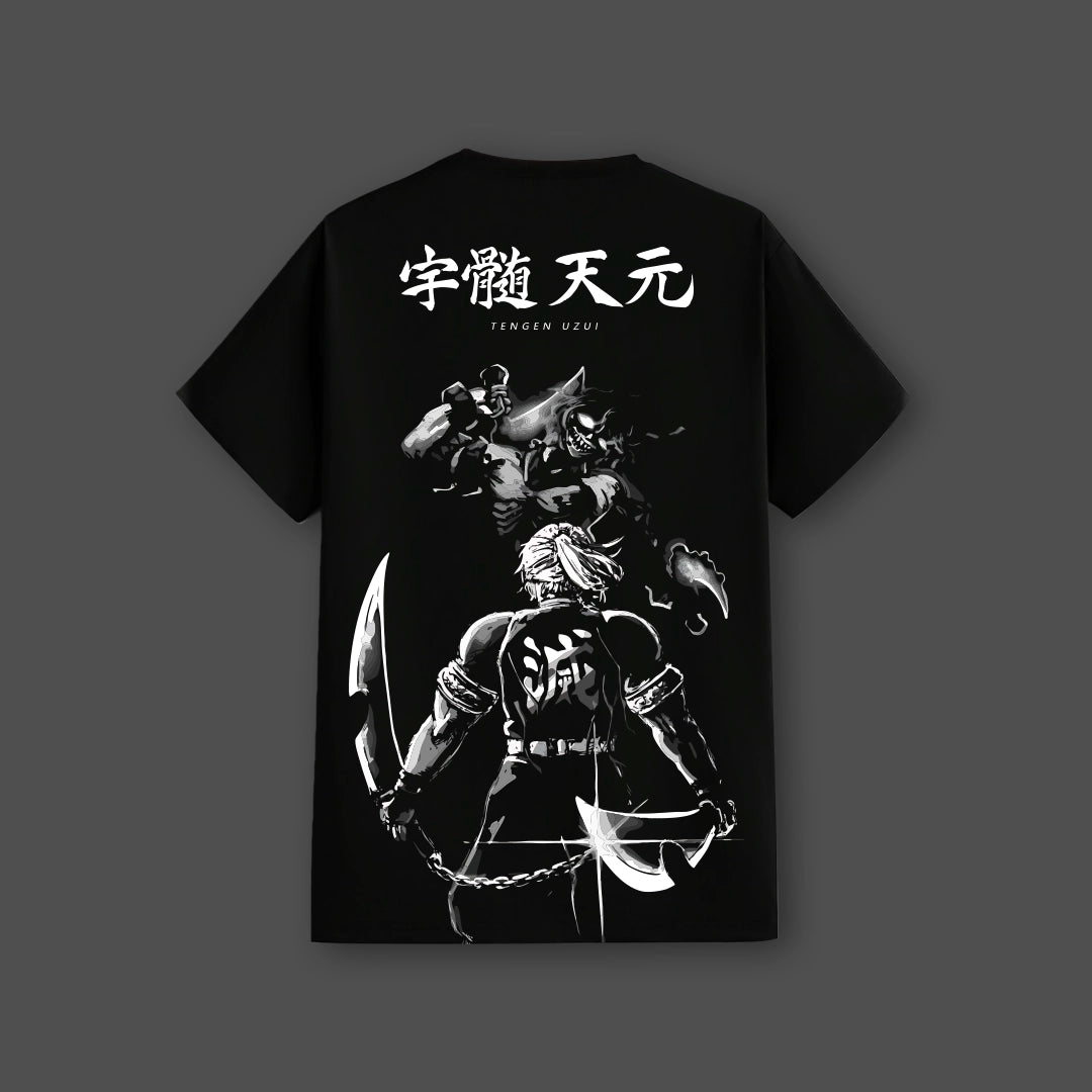 Tengen Uzui black t shirt regular fit by Vlack featuring monochrome anime back print with dual blades