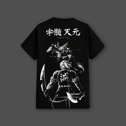 Tengen Uzui black t shirt regular fit by Vlack featuring monochrome anime back print with dual blades
