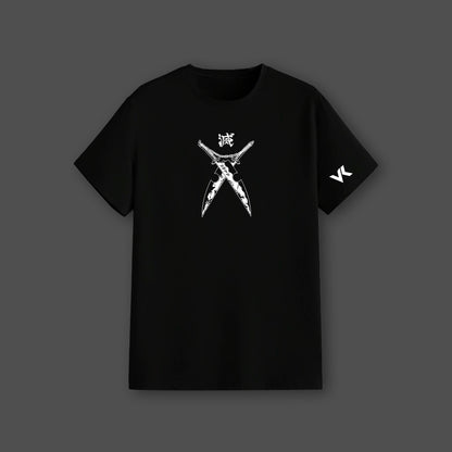 Tengen Uzui black t shirt Vlack black regular fit tee with crossed sword design and VK sleeve logo